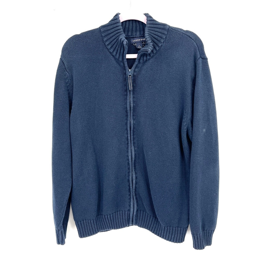 Lands' End navy blue zip cardigan sweater 100% cotton nautical coastal preppy‎ L